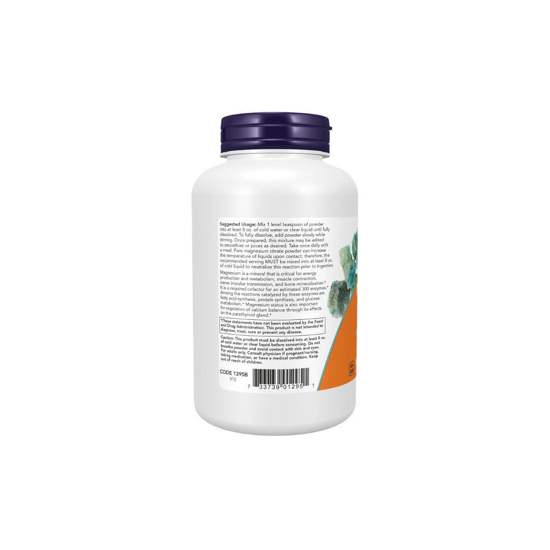 White supplement bottle with label and purple lid, displaying nutritional information and a barcode for Now Foods Magnesium Citrate Pure Powder 227 g.