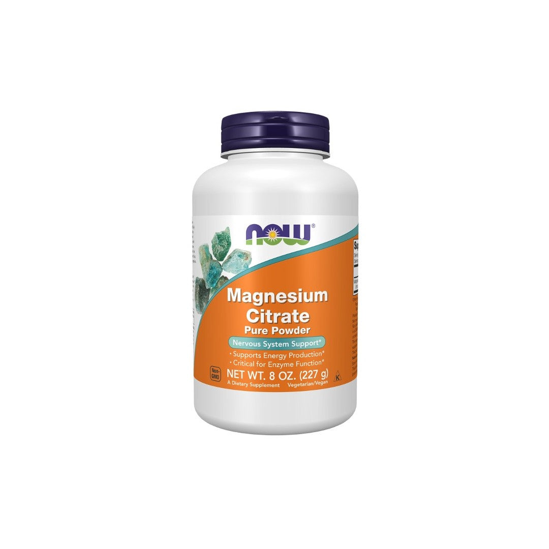 Container of Now Foods Magnesium Citrate Pure Powder 227 g with a labeled weight of 8 oz. Supports energy production and nervous system support.