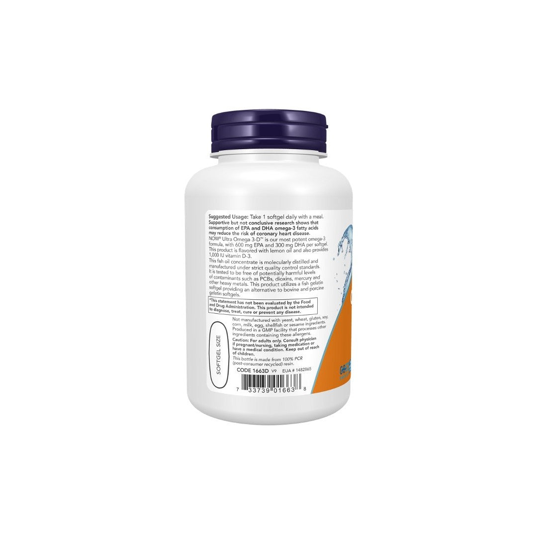 A white supplement container displaying nutritional information and suggested usage for Now Foods Ultra Omega 3-D Fish Oil 180 Fish Softgels on the label.