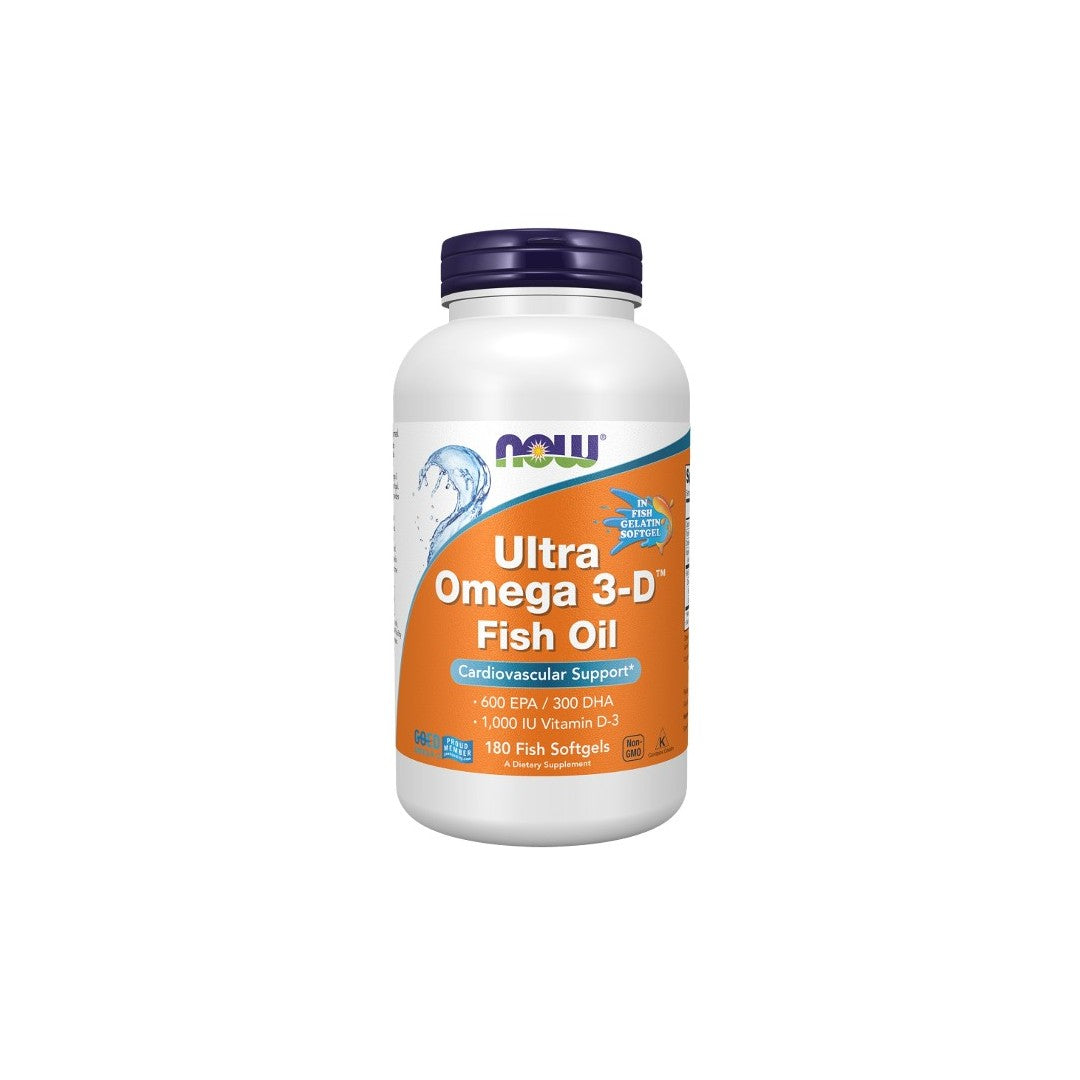 A bottle of Now Foods Ultra Omega 3-D Fish Oil supplements, claiming cardiovascular support with 600 EPA / 300 DHA and 1000 IU vitamin D3, contains 180 soft gels.
