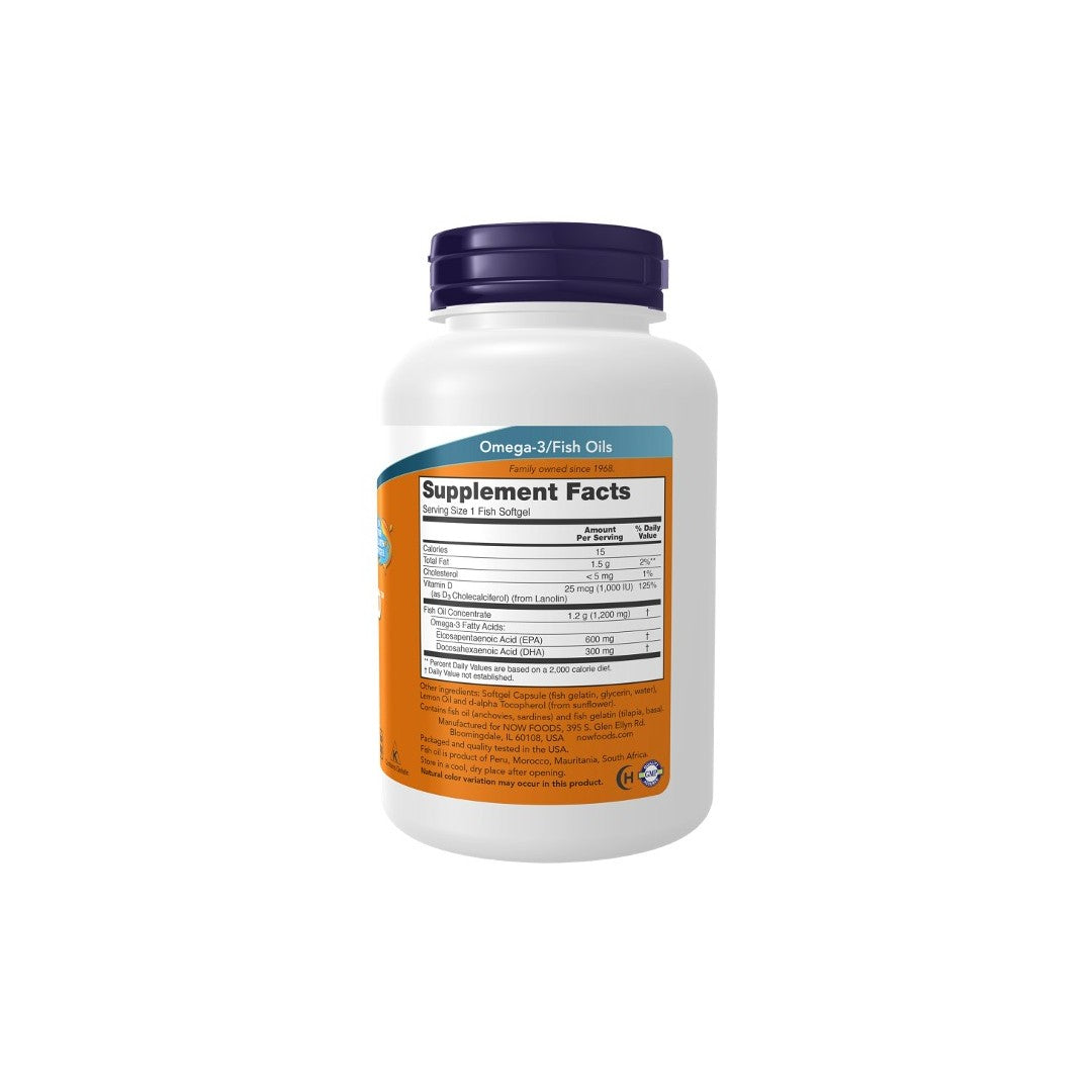 A white bottle of Now Foods Ultra Omega 3-D Fish Oil 180 Fish Softgels with a purple cap and a label showing nutritional information.