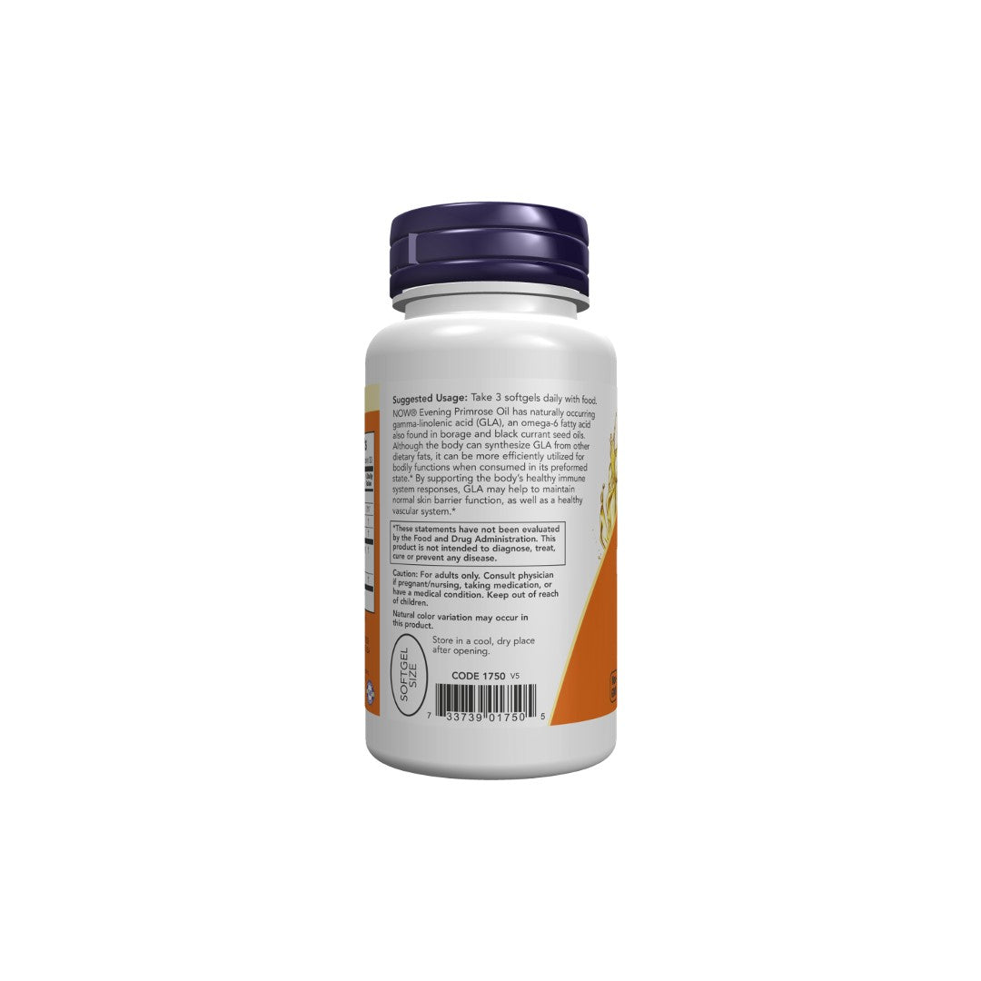 Back view of a white supplement bottle containing Now Foods Evening Primrose Oil 500 mg 100 Softgels, showing nutritional information and usage instructions.