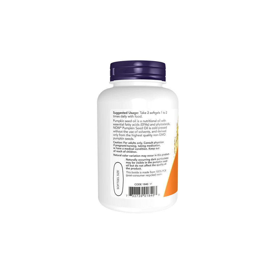A white Now Foods supplement bottle displaying detailed label information including suggested usage, ingredients (including Pumpkin Seed Oil), and a barcode.