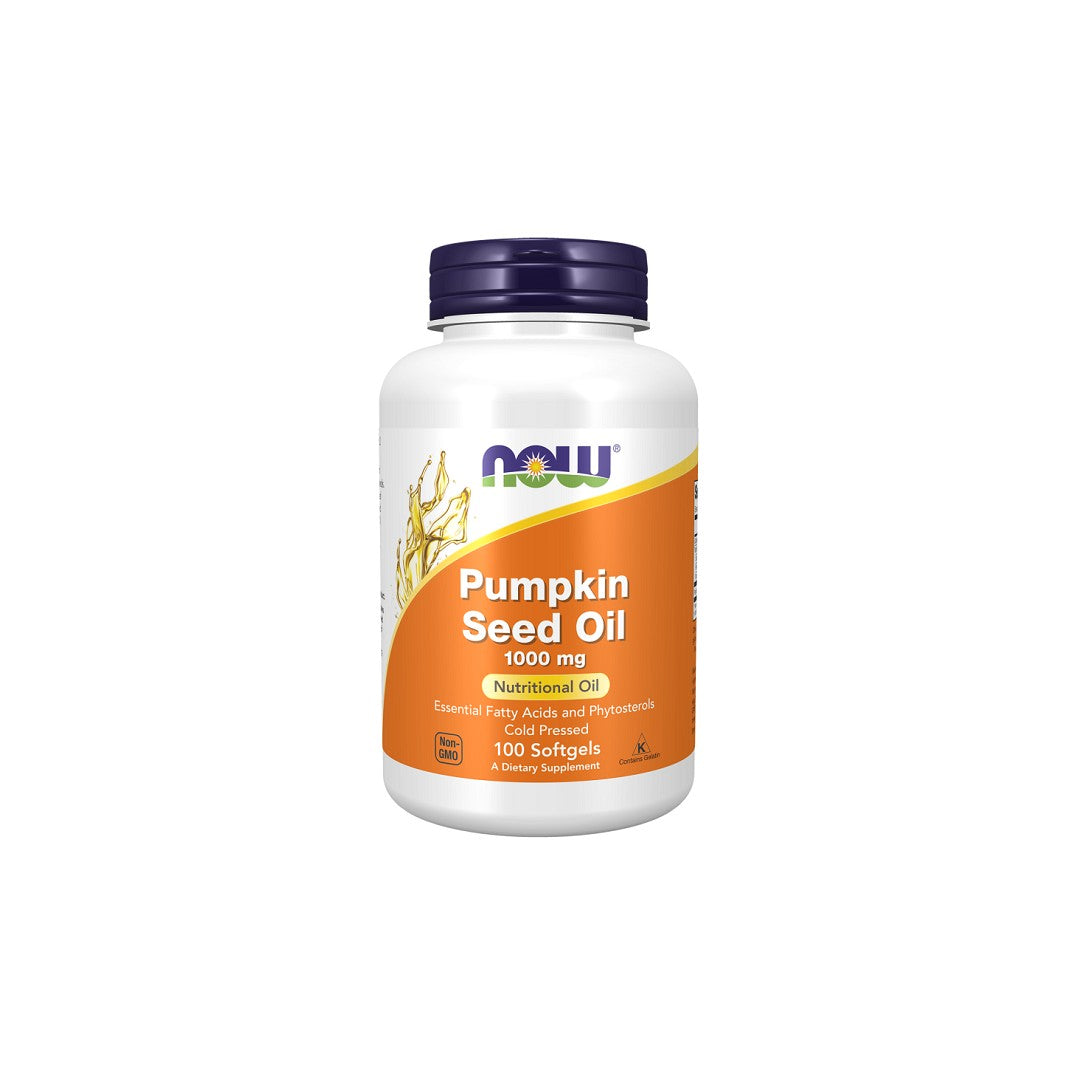 A bottle of Now Foods Pumpkin Seed Oil 1000 mg capsules, displaying 100 softgels, labeled as a nutritional oil supplement for prostate well-being.