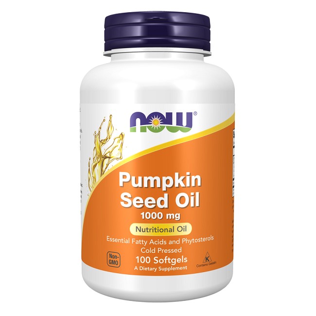 A bottle of Now Foods Pumpkin Seed Oil 1000 mg, supporting cardiovascular health and featuring essential fatty acids and phytosterols, non-GMO, 100 softgels.