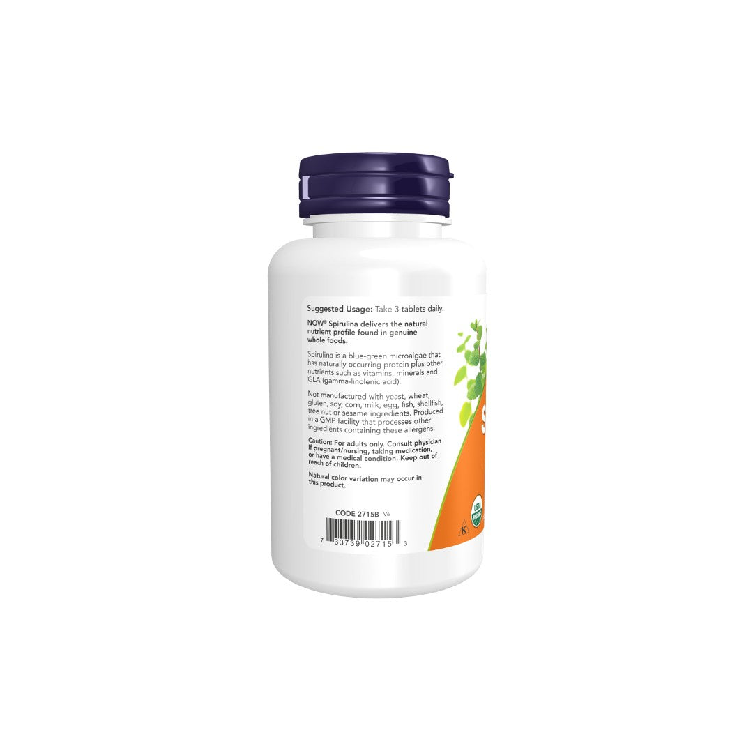 White supplement bottle with label showing usage instructions and ingredients, featuring orange details and green Now Foods logo. Contains Now Foods Organic Spirulina Double Strength, 1000 mg 120 Tablets to support energy levels.