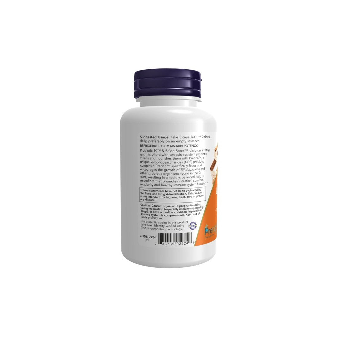 A bottle of dietary supplement labeled with instructions and warnings, featuring Probiotic-10 & Bifido Boost 90 Veg Capsules by Now Foods for optimal gut health.