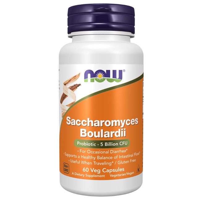 Bottle of Now Foods Saccharomyces Boulardii Probiotic 5 Billion CFU 60 Veg Capsules, supporting occasional diarrhea and gut health.