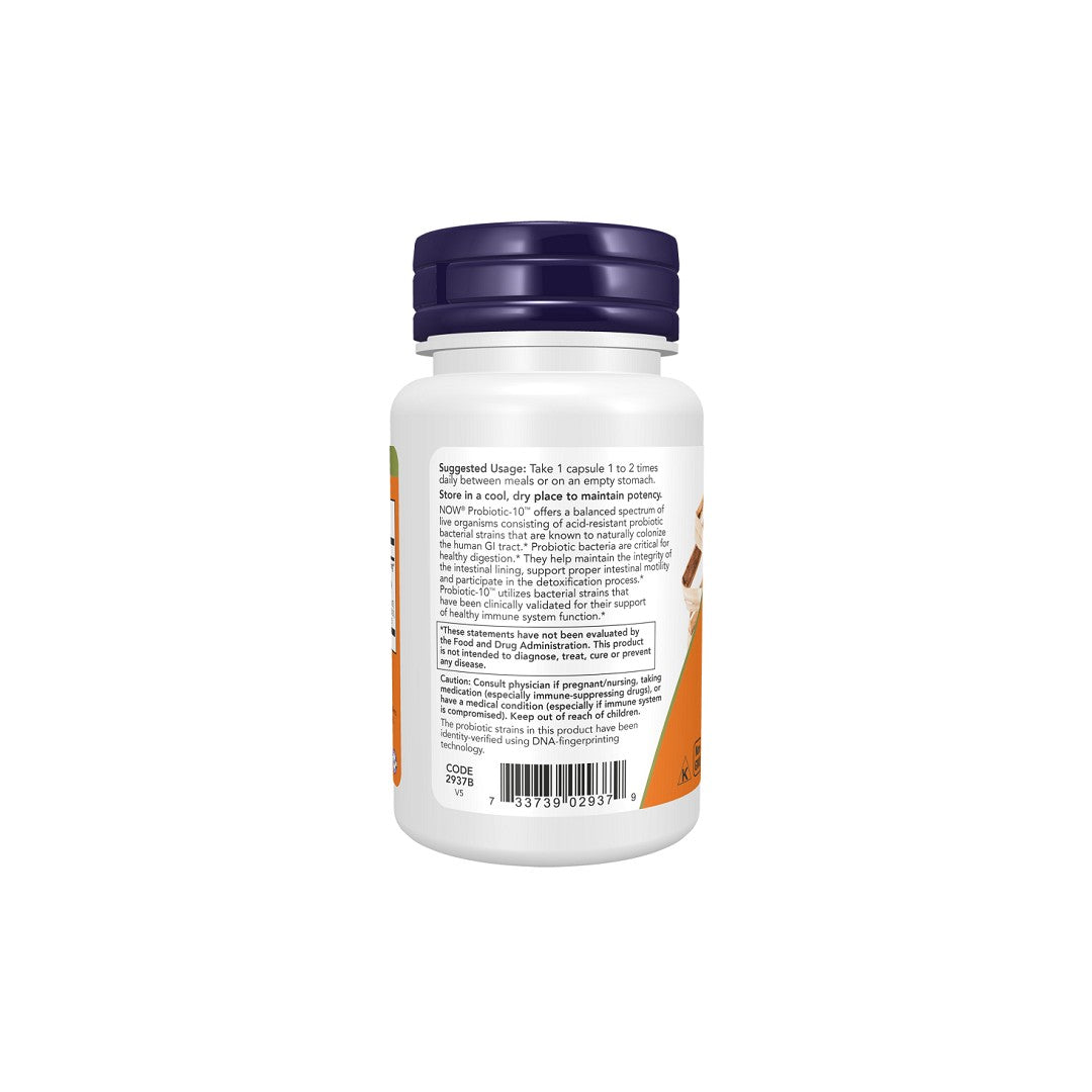 Plastic supplement bottle with purple lid displaying its label with dosage instructions and ingredient list for Now Foods Probiotic-10 25 Billion 30 Veg Capsules.