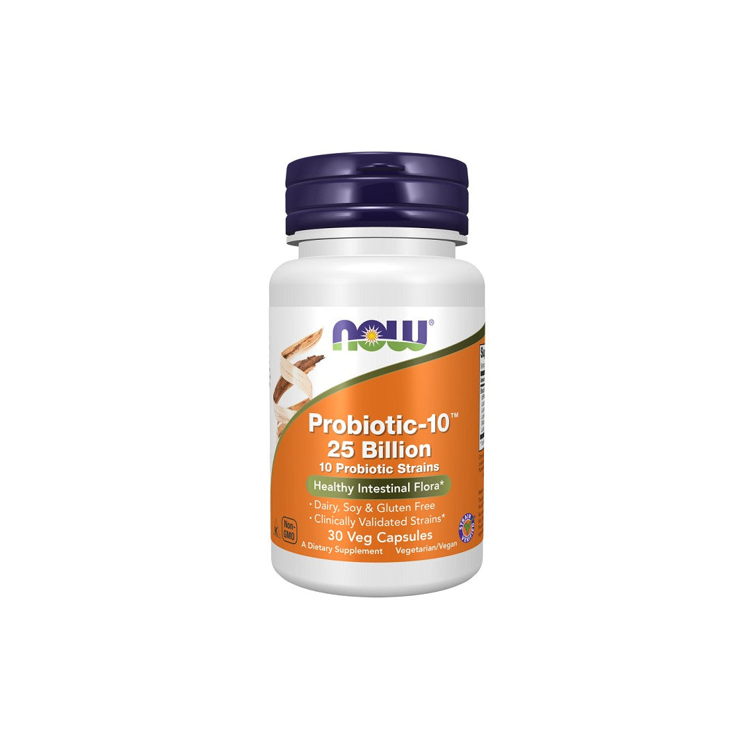 A container of Now Foods' Probiotic-10 25 Billion 30 Veg Capsules with immune support is dairy, soy, and gluten-free, and suitable for vegetarians.