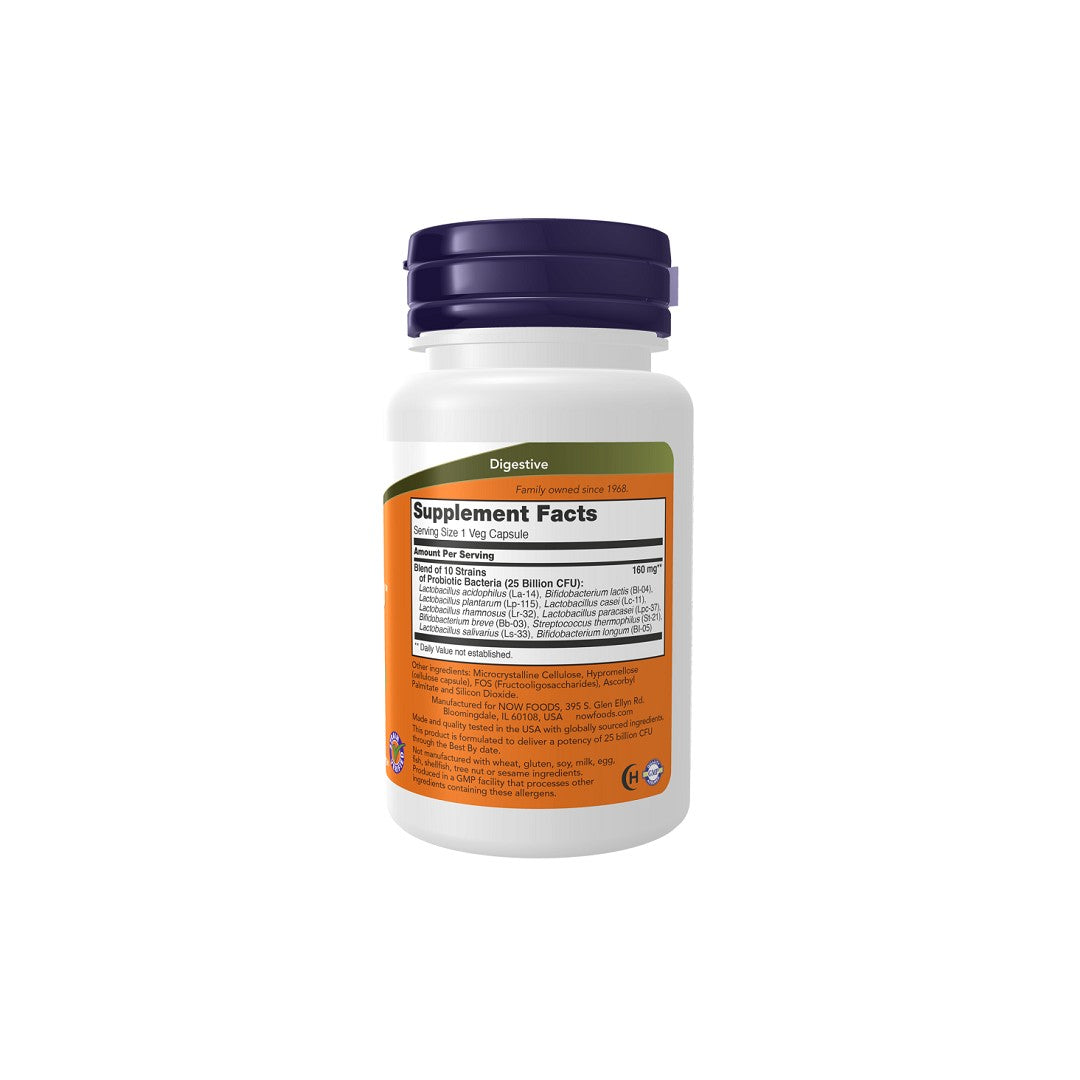 A white plastic supplement bottle labeled "digestive health" with detailed nutritional information on the label containing Now Foods Probiotic-10 25 Billion 30 Veg Capsules.