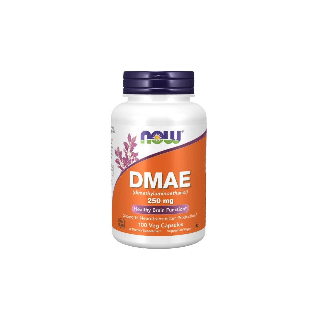 A bottle of Now Foods DMAE 250 mg 100 Veg Capsules, labeled for healthy brain function, concentration, and neurotransmitter production support.