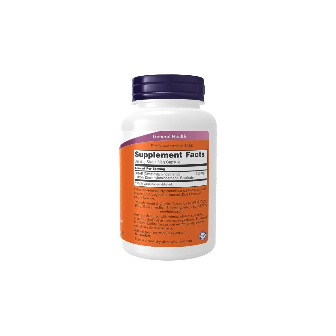 A bottle of **DMAE 250 mg 100 Veg Capsules** by **Now Foods**, promoting brain health, with a visible label displaying supplement facts, including DMAE, and dosage instructions.