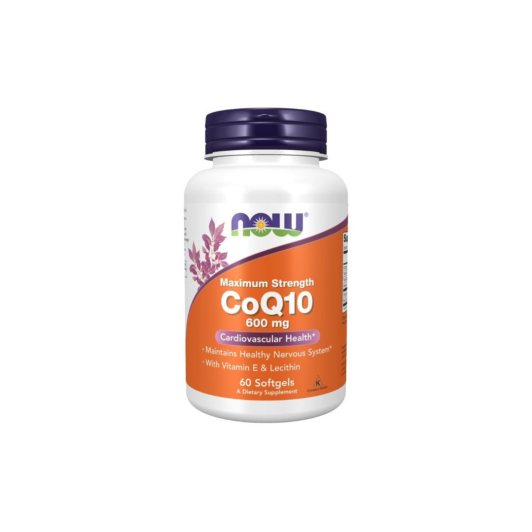 A bottle of Now Foods Coenzyme CoQ10 600 mg supplement, containing 60 softgels, enriched with Vitamin E and Lecithin to promote cardiac health with powerful antioxidant properties.