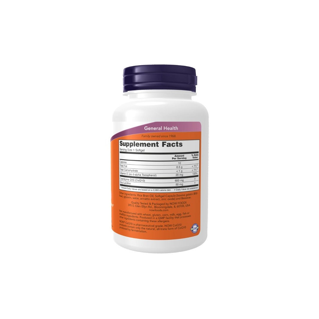 A white bottle with a purple cap labeled "Now Foods" and "Coenzyme CoQ10 600 mg 60 Softgels," featuring nutritional information and ingredients, including CoQ10 for cardiac health.