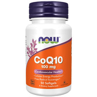 Thumbnail for A bottle of Now Foods Coenzyme CoQ10 100 mg, containing 50 softgels, promoted for heart health, cellular energy production, and free radical scavenging.