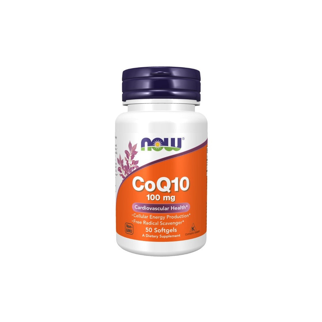 Now Foods Coenzyme CoQ10 100 mg dietary supplement bottle with 50 softgels, designed to support heart health, enhance cellular energy production, and provide powerful antioxidant benefits.