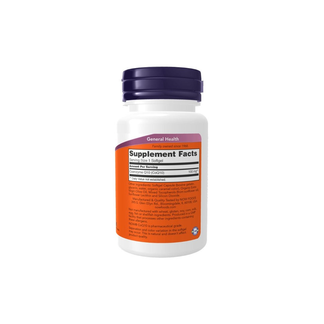 A white bottle of Now Foods Coenzyme CoQ10 100 mg 50 Softgels with a purple cap and an orange label detailing supplement facts, CoQ10 content, and dosage information for heart health.