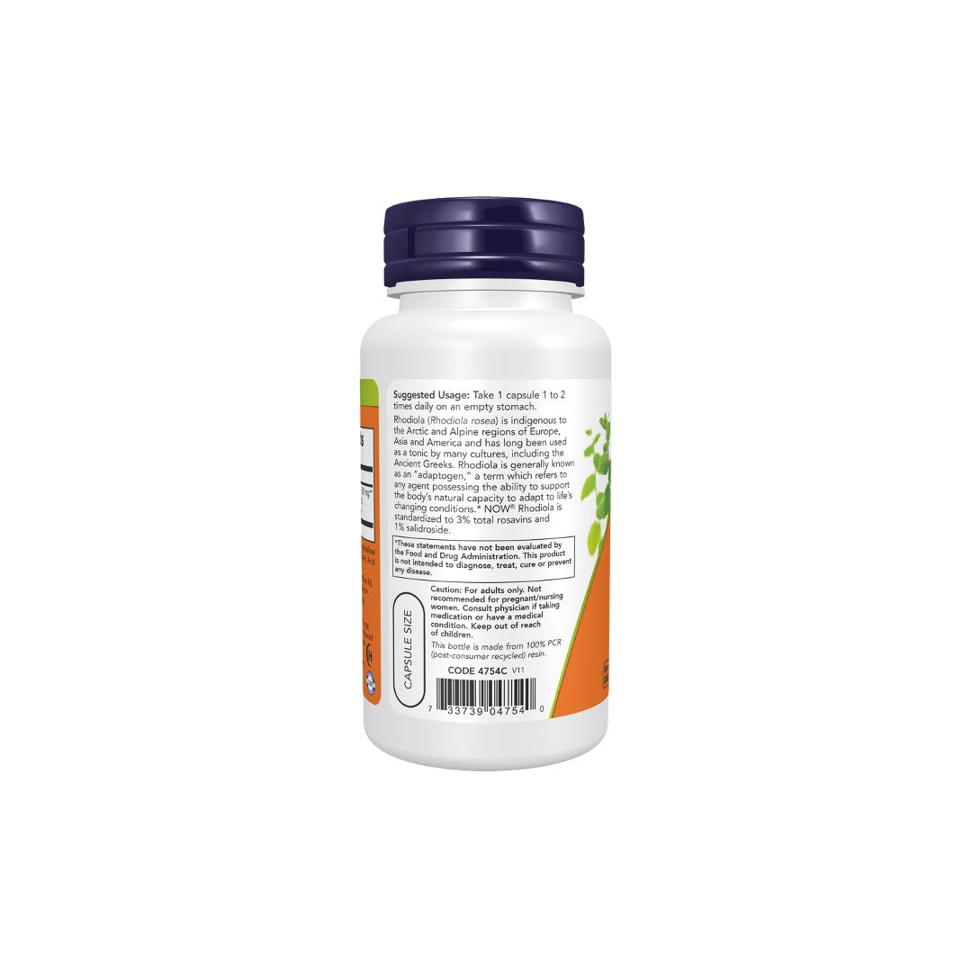 White supplement bottle labeled "Rhodiola 500 mg 60 Veg Capsules" by Now Foods with detailed information on adaptogenic support, usage instructions, and ingredients on a plain background.