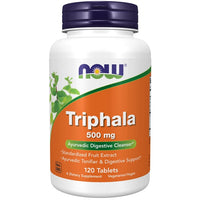 Thumbnail for A bottle of Now Foods Triphala 500 mg 120 Tablets dietary supplement, labeled as an ayurvedic digestion support cleanser with vegetarian/vegan tablets.