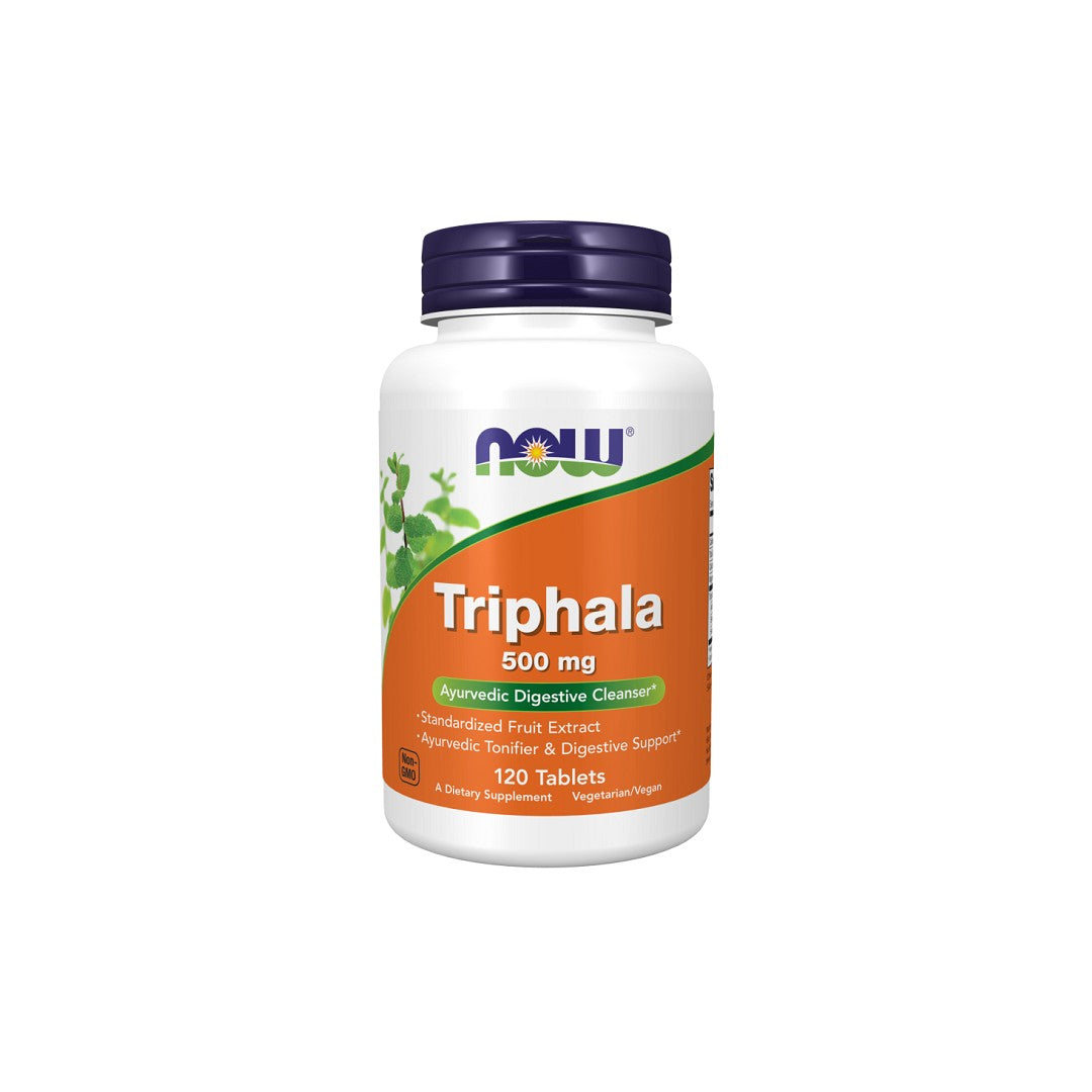 A bottle of Now Foods Triphala 500 mg 120 Tablets, an ayurvedic digestion support supplement containing 120 tablets.