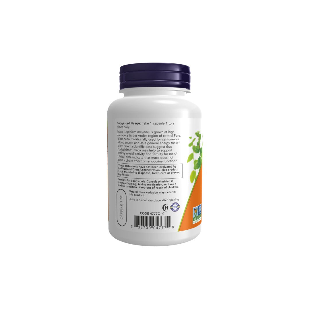 A white supplement bottle with an orange label advertising enhanced energy and stamina, showing usage instructions and a small vertical image of grass and sunshine on the side, Now Foods Maca 750 mg Raw (6:1 Concentrate) 90 Veg Capsules.