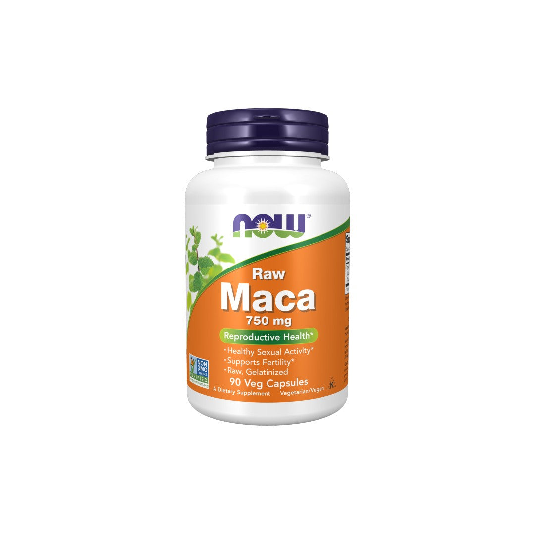 A bottle of Maca 750 mg Raw (6:1 Concentrate), emphasizing energy and stamina benefits, with 90 veg capsules from Now Foods.