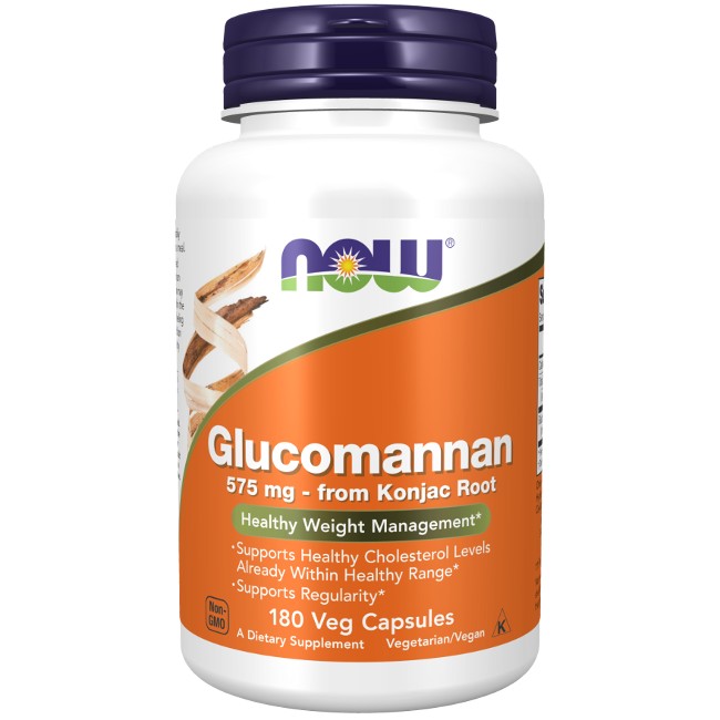 A bottle of Glucomannan 575 mg 180 Veg Capsules by Now Foods, with 180 vegetarian capsules each containing 575 mg of konjac root, designed to support healthy cholesterol levels, weight management, and digestive health.