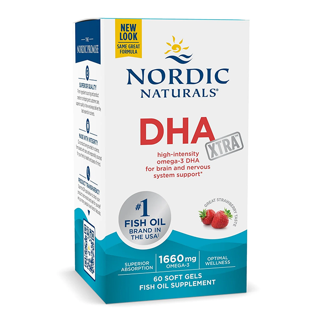 A box of Nordic Naturals DHA Xtra 1660 mg Omega-3's, containing 60 strawberry-flavored soft gels, highlights its high-intensity omega-3 fatty acids for enhanced brain and nervous system support.