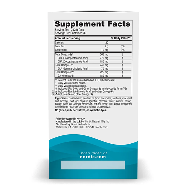 The back of the Nordic Naturals Complete Omega 565 mg 60 Soft Gels bottle displays nutritional information such as calories, total fat, cholesterol, omega-3 and DHA content, and serving size. It is free from gluten, artificial colors, or flavors.