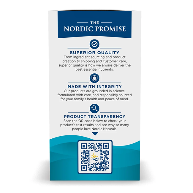 Label titled "The Nordic Promise," highlighting Nordic Naturals' dedication to exceptional quality, integrity, and transparency. Includes a QR code for accessing product test results and Omega-3 content details of Complete Omega 565 mg 60 Soft Gels for enhanced wellness.