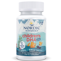 Thumbnail for A bottle of Nordic Naturals Childrens DHA Xtra 636 mg, featuring 90 mini chewable soft gels packed with omega-3 fatty acids in a delightful berry punch flavor for ages 3-6, is adorned with charming fish illustrations on the label.