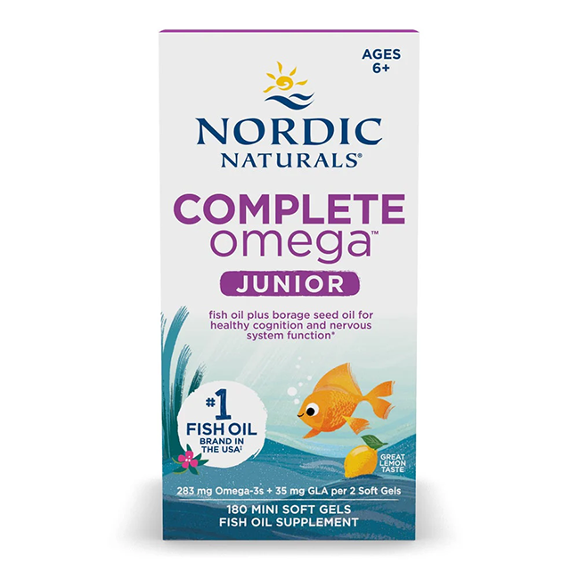 Nordic Naturals Complete Omega Junior 283 mg, rich in DHA and EPA Omega-3 fatty acids, comes in a box of 180 mini soft gels suitable for ages 6 and up.