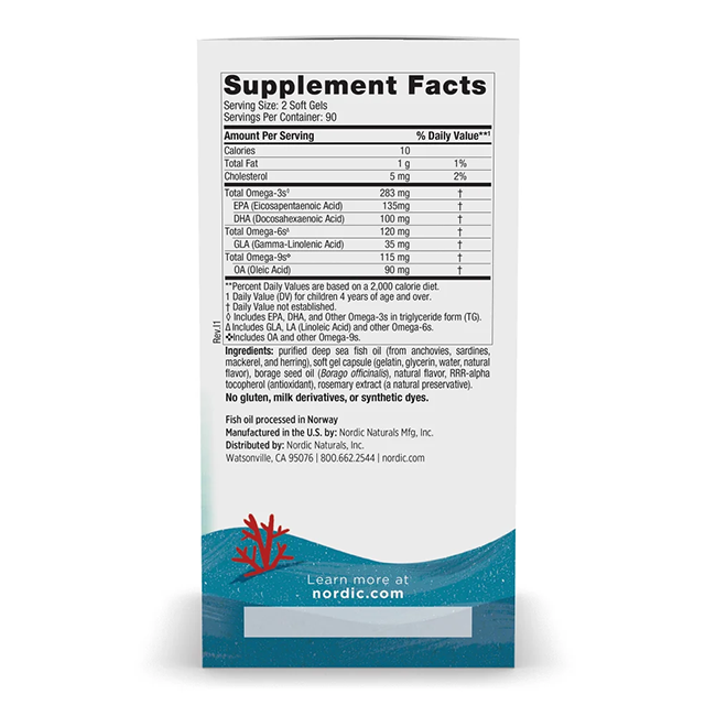 The back of the Nordic Naturals Complete Omega Junior 283 mg 180 Soft Gels bottle highlights nutrition facts and ingredients, featuring Omega-3 fatty acids such as DHA and EPA. The design includes vibrant blue wave graphics and a coral illustration, along with contact information.