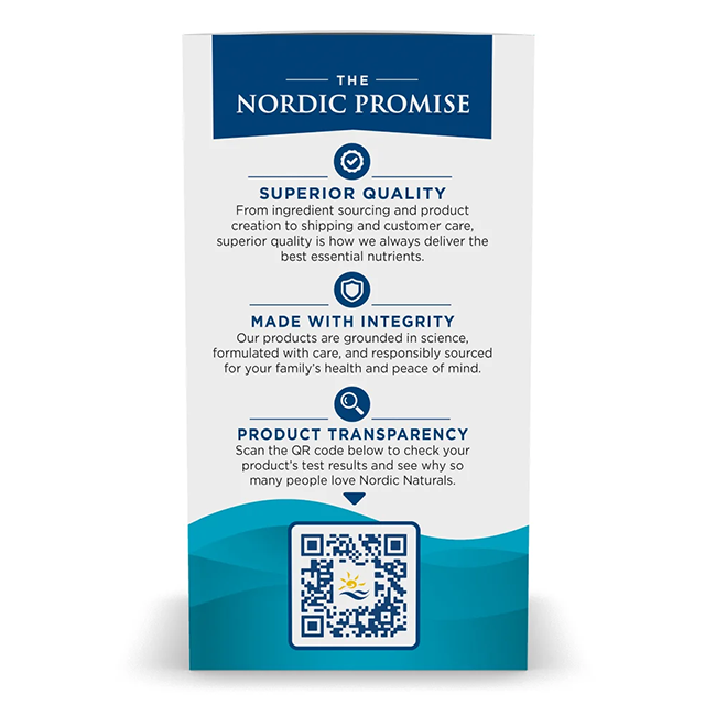 Promotional card featuring Nordic Naturals' Omega-3 690 mg 180 Soft Gels with a refreshing lemon taste, showcasing their commitment to superior quality, integrity, and product transparency in each supplement. Uncover the benefits of DHA and EPA by scanning the QR code below.