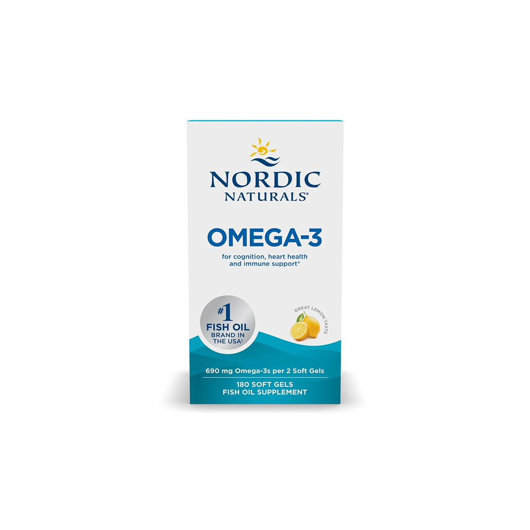 Nordic Naturals' Omega-3 690 mg supplement box contains 180 lemon-flavored soft gels that are rich in EPA and DHA, supporting cognition, heart health, and boosting immune function.