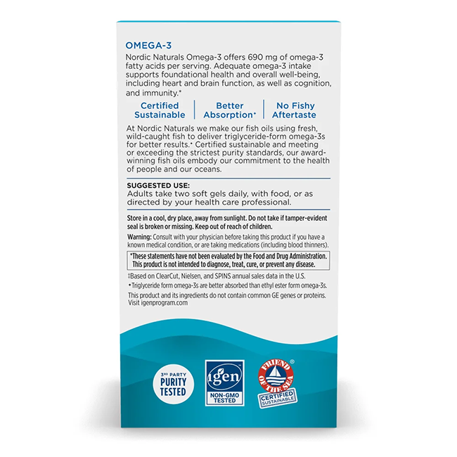 Nordic Naturals Omega-3 690 mg 180 Soft Gels, with a refreshing lemon taste, offer benefits such as heart health and brain function support thanks to DHA and EPA. The product is certified for purity, non-GMO status, and Friend of the Sea compliance. Dosage instructions are included.