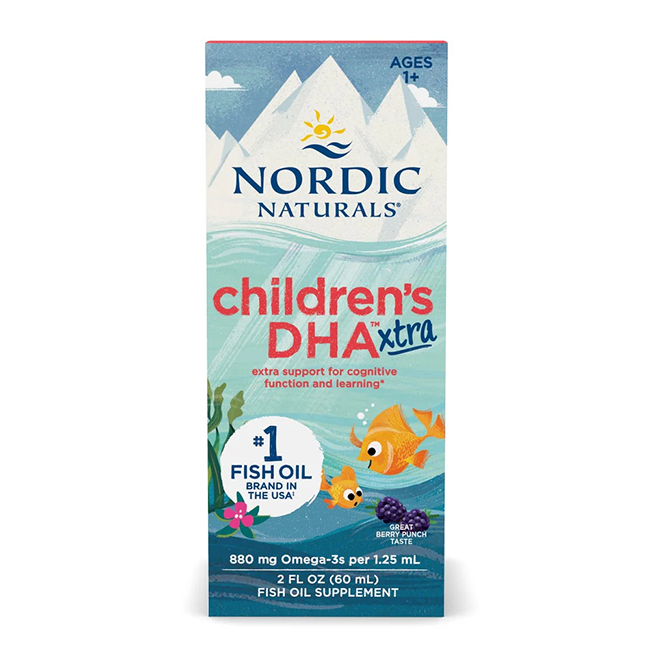 Nordic Naturals Children's DHA Xtra 880 mg 60 ml - Berry Punch is an omega-3 supplement for ages 1+, with berry flavor and 880 mg DHA per 1.25 mL, specially formulated to support brain development.