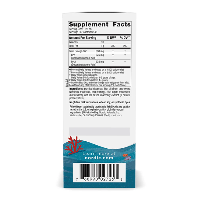 Back of a Nordic Naturals Children's DHA Xtra 880 mg 60 ml - Berry Punch box showing nutrition facts, ingredients, daily values, serving size, and barcode to support healthy brain development.