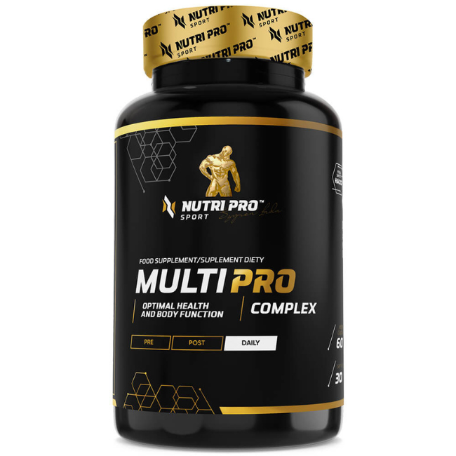 The Nutri Pro Sport Multi PRO 60 Capsules comes in a sleek black bottle accented with gold and white. This dietary supplement is designed to support an active lifestyle and promote optimal health, providing essential vitamins in each of its 60 capsules.