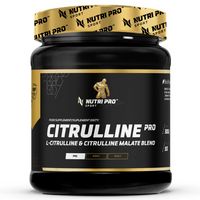 Thumbnail for A black and gold container of Nutri Pro Sport's Citrulline PRO 300g - Tropical Flavour supplement, featuring a potent blend of L-Citrulline and Citrulline Malate for enhanced muscle regeneration, labeled for pre and daily use.