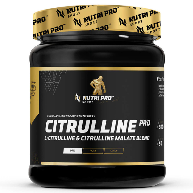 A sleek black and gold container of Nutri Pro Sport's Citrulline PRO 300g in orange flavor highlights its potent blend of L-citrulline and citrulline malate. Ideal for muscle regeneration, it offers versatile pre, post, and daily usage options to enhance performance.