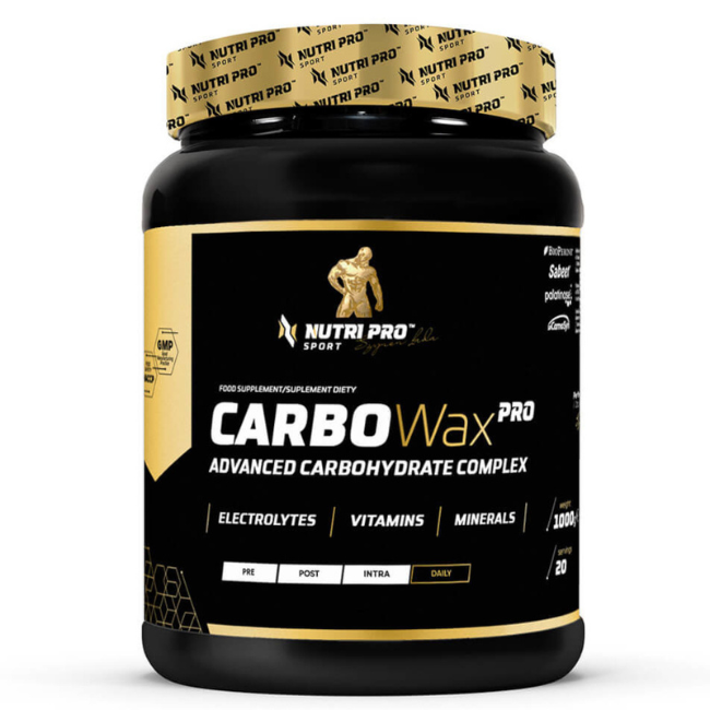 A black container of Nutri Pro Sport Carbo Wax PRO 1000g in Pineapple Flavour, an advanced carbohydrate supplement for daily use that provides energy with electrolytes, vitamins, and minerals to support training recovery.