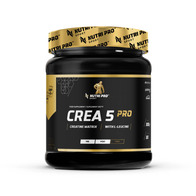 A 300g container of Nutri Pro Sport's Crea 5 Pro Creatine Matrix in Strawberry Flavour, designed as a sports supplement creatine complex with L-Leucine. The label emphasizes its "Pre/Post" use for enhanced muscle regeneration and offers 30 servings.