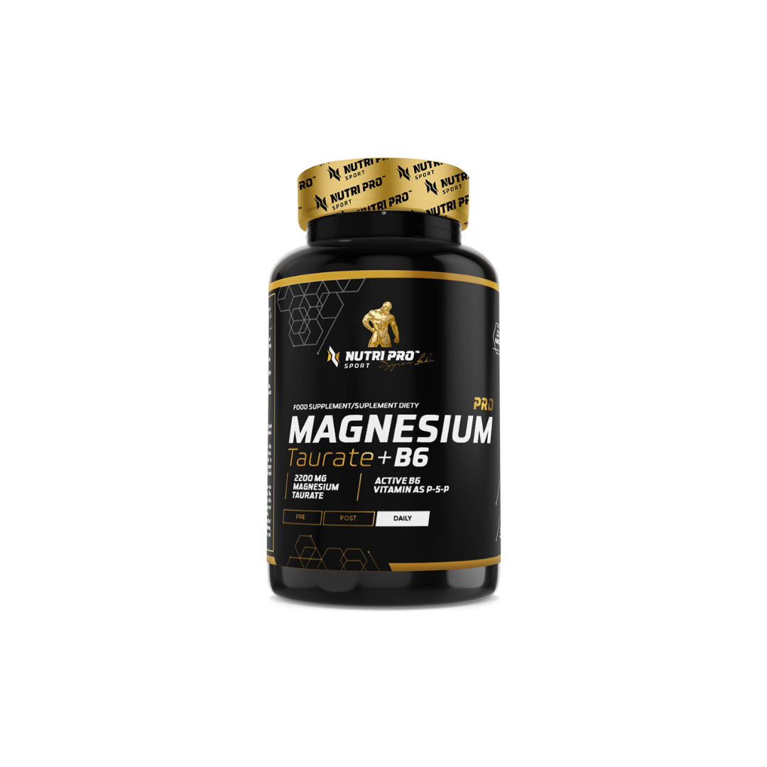 A bottle of Magnesium PRO Taurate + B6 supplement by Nutri Pro Sport, available in 60 capsules, is formulated with Magnesium Taurate and Vitamin B6 to support muscle and nervous system function and enhance post-training recovery.