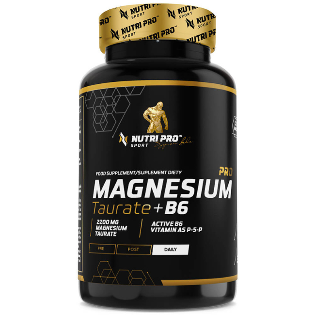 A stylish black and gold bottle labeled "Magnesium PRO Taurate + B6 60 Capsules" from Nutri Pro Sport provides 2200 mg of magnesium along with essential Vitamin B6 P-5-P, specifically designed for daily support of muscle and nervous system function.