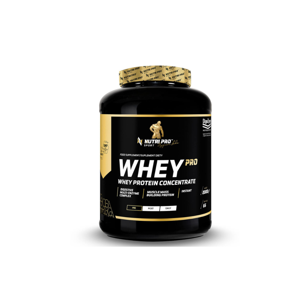 Nutri Pro Sport's Whey PRO - Whey Protein Concentrate 2000g in Chocolate Flavor comes in a black container, emphasizing muscle mass and bodybuilding benefits. It is enhanced with digestive enzymes to support efficient absorption and includes guidance for post-workout and daily use to maximize results.