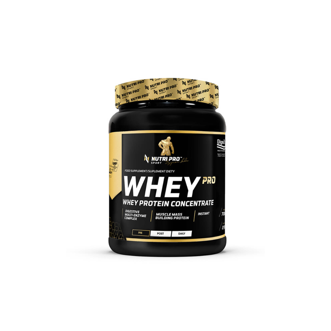 A black and gold container of Nutri Pro Sport's Whey PRO protein powder in a 700g size, featuring whey protein concentrate and amino acids, designed for athletic performance and muscle mass building, with a cookie with cream flavor.