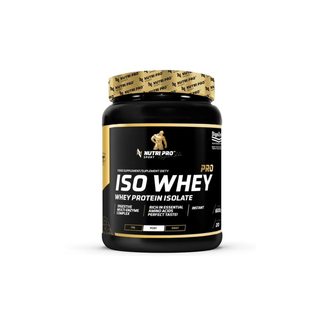 The stylish container of Iso Whey PRO - Whey Protein Isolate 600g - Strawberry Flavour from Nutri Pro Sport, enhanced with amino acids, is noted for being lactose-free and is perfect for pre/post-workout.