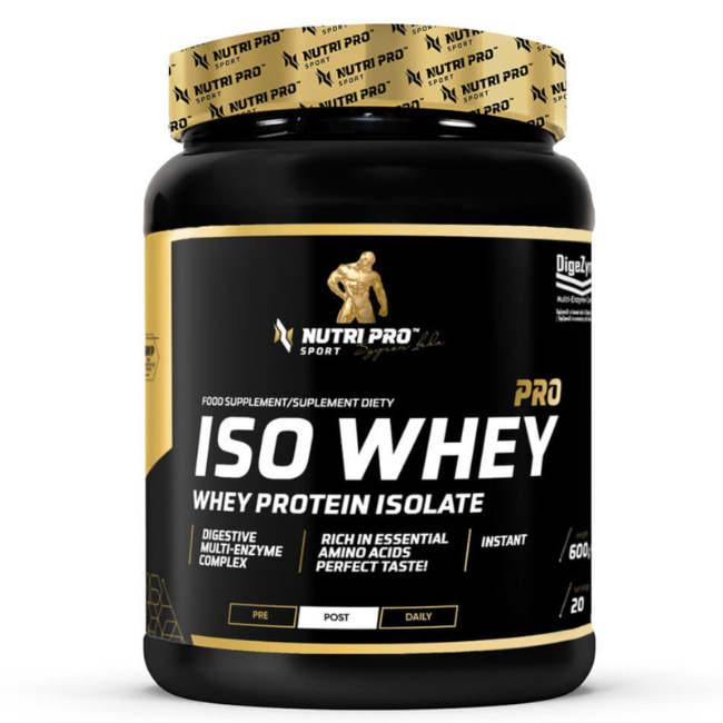 A stylish black and gold Iso Whey PRO container from Nutri Pro Sport, featuring a high-quality whey protein isolate enriched with digestive enzymes and essential amino acids, perfect for enhancing performance, in a delectable Cookie with Cream flavor.